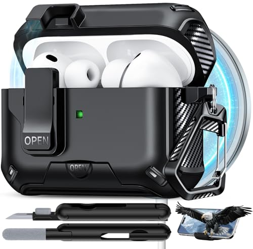 Image of for AirPods Pro 3 Case with Lock (Black) | Compatible with MagSafe,with Phone Stand,with Automatic Snap Switch Carbon Fiber Design Protection Cover with Cleaning Pen
