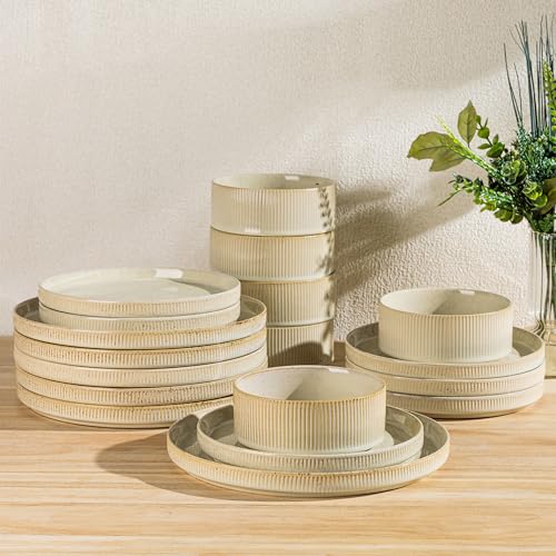 Image of TheTerra Ceramic Dinnerware Sets for 6, 18 Pieces Porcelain Lightweight Plates and Bowls Sets, Scratch Resistant Dish Set, Oven & Microwave & Dishwasher Safe, Cappuccino