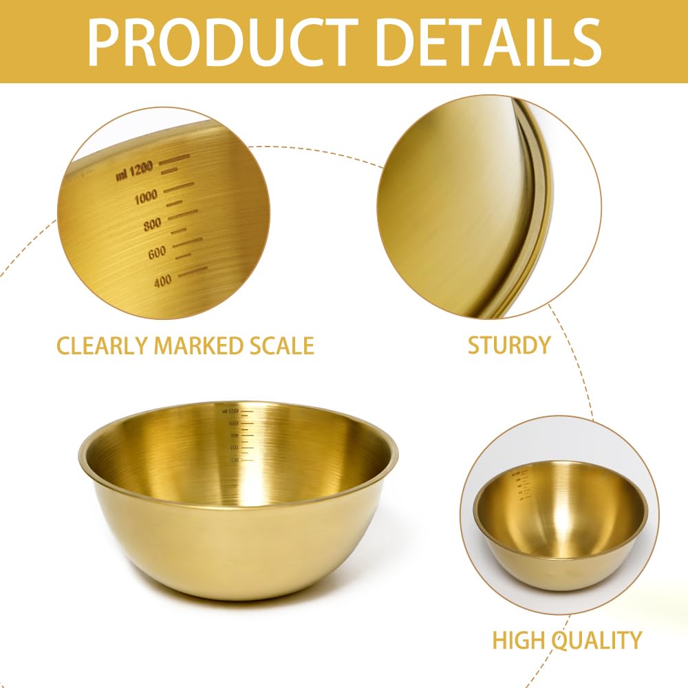 8 Pezzi Ciotole Cucina Oro in Acciaio Inox 19 cm Ciotola Insalata Dorato con 1.2L Scala Ciotole Impilabili Oro Ciotola Miscelatore Acciaio Inox per Insalata Ramen Zuppa Frutta (19 x 8 cm)