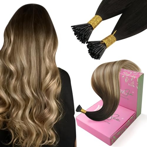 Image of YoungSee I Tip Extensions Dark Brown Ombre, Itip Human Hair Extensions, Balayage Dark Brown to Medium Browns with Blonde, Itip Hair Extension Real Human Hair, 14 Inch 70 Strands 50g, for Short Hair