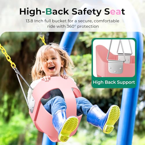 Image of DECORLIFE Toddler Swing - High Back Full Bucket Seat for Ages 1-3, 330lb Capacity, Baby infant Swing Outdoor with Safety Design, Plastic-Coated Chains, Carabiners for Backyard, Playground, Garden-Pink