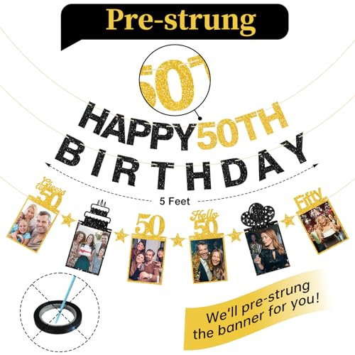 Image of Guiruiy Black Gold 50th Birthday Decorations for Men Women, Pre-strung Glitter Happy 50th Birthday Hanging Photo Banner Party Supplies, Cheers to 50 Years Old Bday Banners