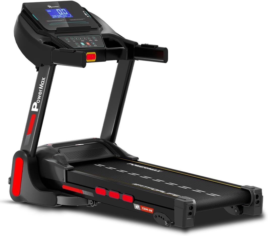 PowerMax Fitness TDM-98 4HP Foldable Motorized Manual Incline Treadmill for Home Use, 110kg Max User, Max Speed-10kmph, Preset programs, Heart Rate Sensors, AUX, Speaker, USB, LED Display,Black