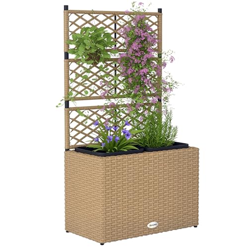 Outsunny Pflanzkübel mit Rankgitter 2 Töpfe, Pflanzgefäß, 22 l, Garten, Balkon, Terrasse, Außenbereich, aus Polyrattan und Stahl, 57 x 30 x 107 cm, Sandfarben