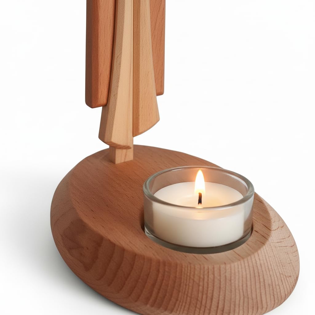 Modernes Echtholz Kreuz mit Kerzenhalter – 25 cm Standkreuz aus Buche & Ahorn – Christliche Geschenkidee zur Kommunion, Taufe, Firmung & Weihnachten