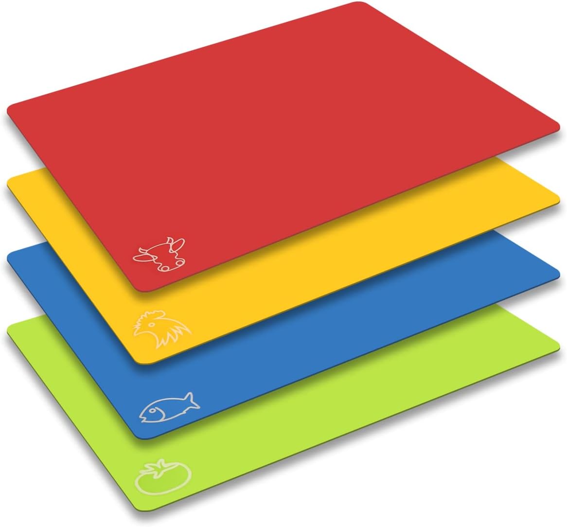 Fotouzy Flexible Plastic Cutting Board Mats with Food Icons, BPA-Free, Non-Porous, 100% Non-slip Back and Dishwasher Safe, Colorful Set of 4
