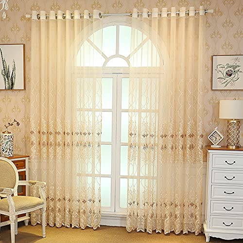 TIYANA 2 Panels Beige Sheer Curtains 106 inches Long Grommet Top European Luxury Design Delicate Embroidery Lace Curtains (54" x 106", Set of 2)