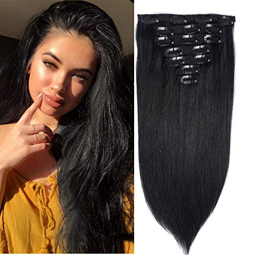 18" Clip in Hair Extensions Human Hair Clip on Remy Hair Extensions for Woman Straight 90g Double Weft 7 Pieces 16 Clips Jet Black Soft Silky Real Brazilian Hair Extensions (18" 90g,#1)