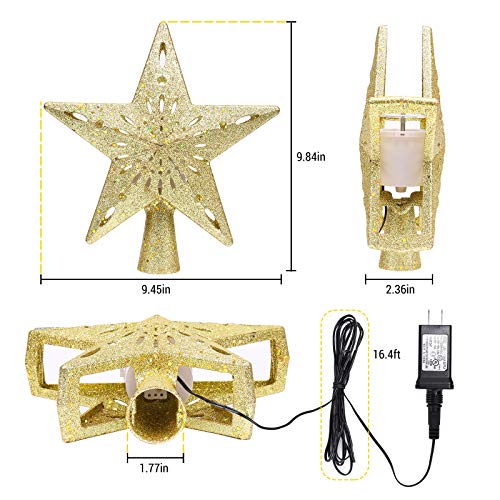 Brizled Gold Christmas Tree Topper Lighted With Cool White Snowflake Projector, 3D Glitter Hollow Star Xmas Tree Topper, Led Christmas Treetop Projector Lights For Xmas Home Tree Holiday Party Decor #TOP6