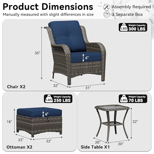 Image of 5 Piece Outdoor Wicker Patio Furniture Set, Patio Chairs Set with Thickened Olefin Cushions, High Back and Deep Seating, Hand-Woven PE Rattan, Ottoman for Porch, Deck