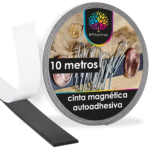 OfficeTree 10m Cinta Magnetica Adhesiva - Negro - 12,7mm Ancho Cinta Imantada Adhesiva Fuerte - Cinta Adhesiva Magnetica Adecuada para Carteles y Fotografías - Imanes para Mosquitera - Tira de Iman