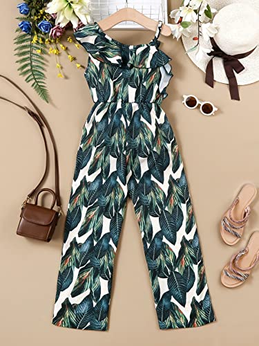 Wdirara Girl's Ruffle Trim Boho Tropical Print Sleeveless Wide Leg Summer Jumpsuit Green Multi 10Y #TOP1