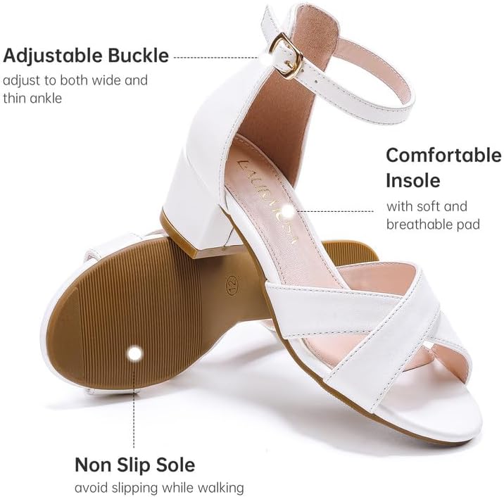 High Heels for Kids Sandals for Girls Dress Shoes Flower Girl Shoes Open Toe Ankle Strap Block Chunky Heels for Toddler Little Big Kids Low Wedge Sandals for Wedding Party Dress Up - Image 4