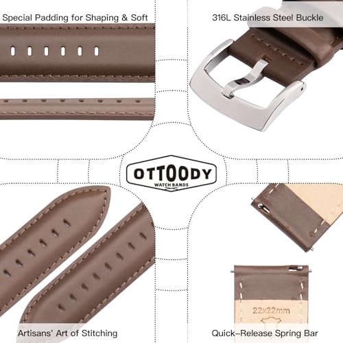 Image of OTTOODY Leather Watch Bands Quick Release, Elegant Top Grain Leather Watch Straps for Men & Women, Choice of Color & Width - 18mm, 19mm, 20mm, 21mm or 22mm Wristbands Bracelet for Watch & Smartwatch