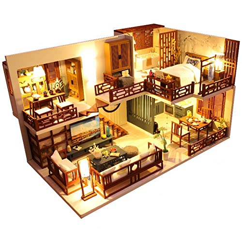 Lannso DIY Dollhouse Miniature Kit, Doll House Kit with Dust Proof Cover and Music Box, Mini Wooden Dollhouse Toys for Adult Gift(M25)