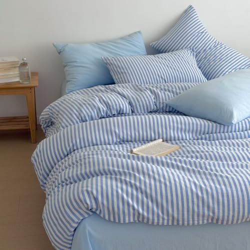 Image of PinkMemory Blue White Striped Duvet Cover Queen 100% Washed Cotton Stripes Patterned Duvet Cover Set Full 3pcs Retro Striped Bedding Set with Zipper Closure Corner Ties,Soft Breathable