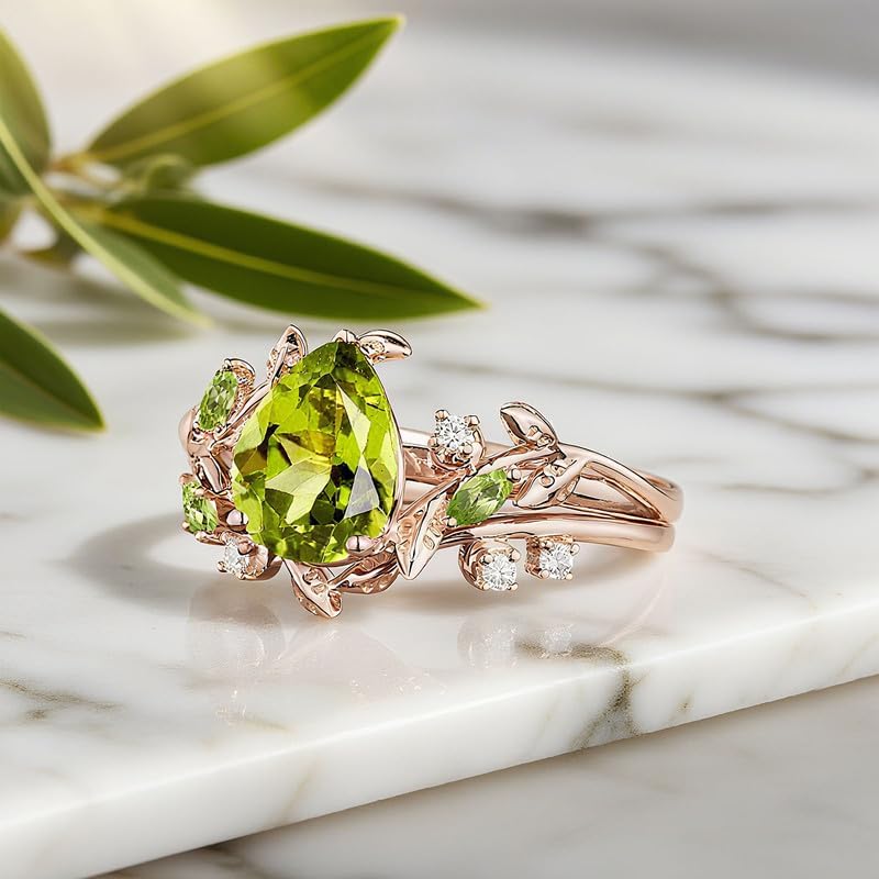 10K 14K 18K Gold Vine Leaf Natural Peridot Wedding Ring Sets for Women Round/Heart/Oval/Pear/Kite Cut Twig Peridot Promise Anniversary Ring Sets Size 3-16