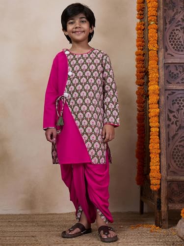 Pspeaches Boys Floral Printed Long Sleeves Straight Kurta With Dhoti Pants (7-8Years)