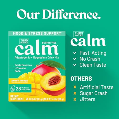 Image of Third Nature Calm Powdered Drink Mix for Stress Support, Relaxation, Healthy Cortisol & Focus - No Sugar, Non-GMO On-The-Go Calming Drink with Magnesium Glycinate, GABA, Peach Mango, 28 Stick Packs