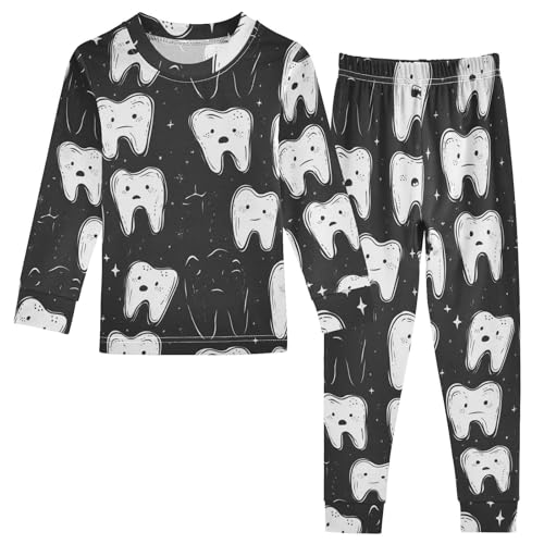 Pajama Sets Long Sleeve Tooth Characters on Black Soft Comfy Sleepwear 2 Piece PJS 3-8T
