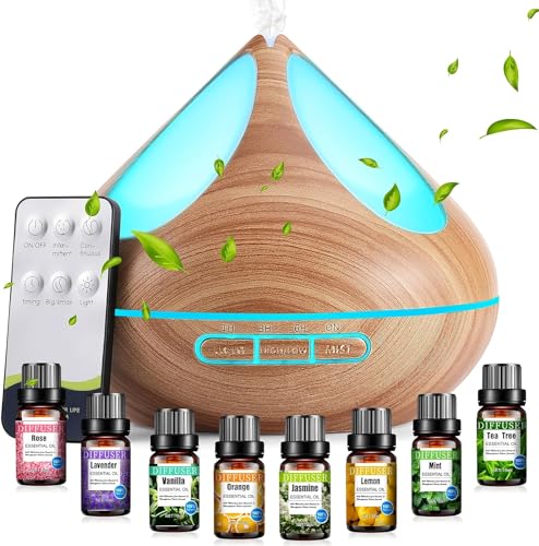 VAAGHANM Aroma Diffuser 500ml mit 8 Ätherischen Ölen: Fernbedienung + 4 Timer, Brauner Luftbefeuchter für Schlafzimmer/Home​ Brown
