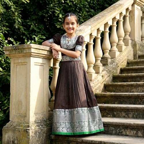 Image of Girls Silk Pattu Gown for Kids Traditional South Indian Long Ethnic Dress | Baby Girl Festival Pavadai Sattai Style Party Wedding Birthday Special Occasion Outfit