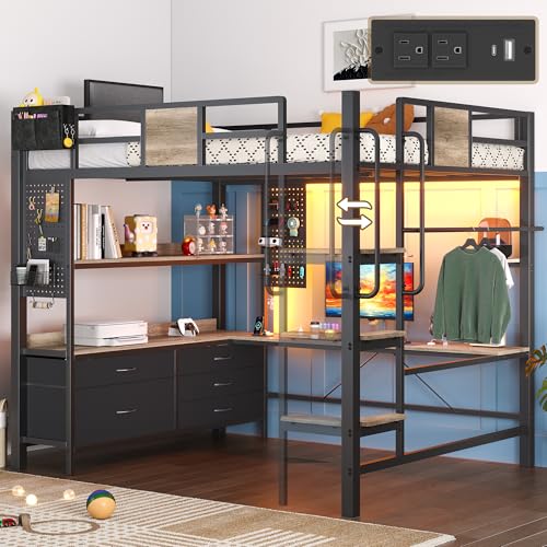 Dnxao Full Loft Bed with Desk and 5 Storage Drawers,