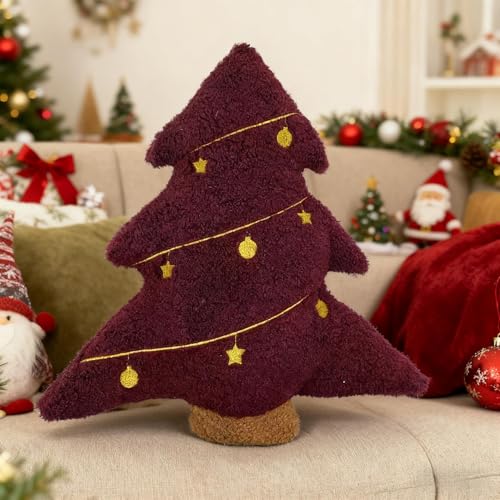 Almohada de felpa de árbol de Navidad, color verde y rojo, con forma de farolillos de árbol de Navidad, almohada de felpa suave para decoración de Navidad, Navidad, invierno, vacaciones, hogar, sofá