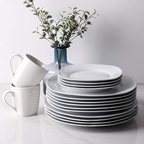 Y YHY 10.5 Inches Porcelain Dinner Plates, Square Round Serving Plate Set, Set of 6, White