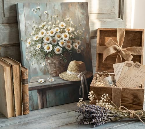 Image of WBNJXNZ Rustic Farmhouse Daisy Floral Canvas Wall Art Vintage Country Floral Wall Decor Flower Still Life Botanical Straw Hat Prints Artwork For Living Room Bedroom Bathroom Home Decoration