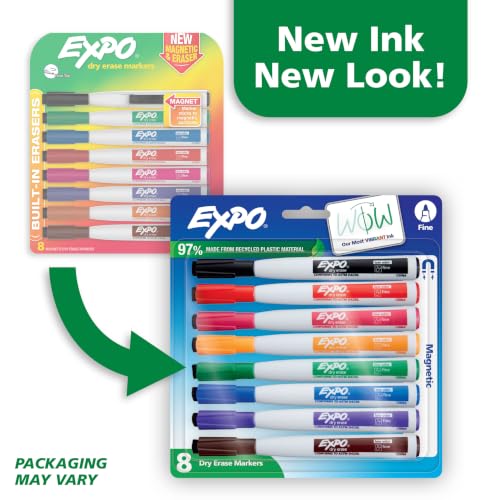 EXPO Magnetic Dry Erase Markers with Built-In Eraser, Fine Tip, Assorted Colors, 8 Count - Classroom White Board, Teacher Supplies, School Locker - image 2