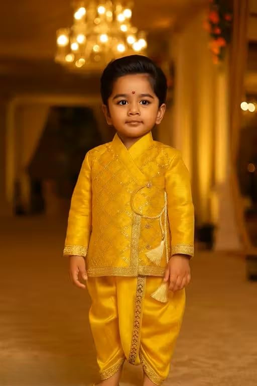 Image of Boys Ethnic wear Cotton Sequined Punjabi set | Stylish and Perfect Indian Outfit for kids-Yellow|Boys ethnic set