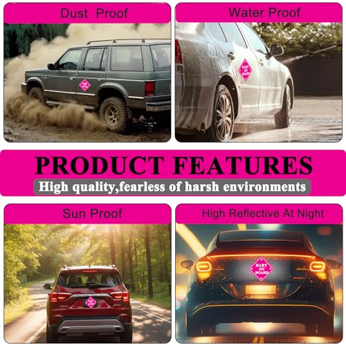 Image of 2 Pack Baby on Board Magnet for Car, Magnetic Safety Sign with Reflective, Strong Car Magnet Sticker, Waterproof Baby in Car Sign for Dad Mom, Easy to Attach and Remove 4.7 Inch(Pink- 2 Pack)