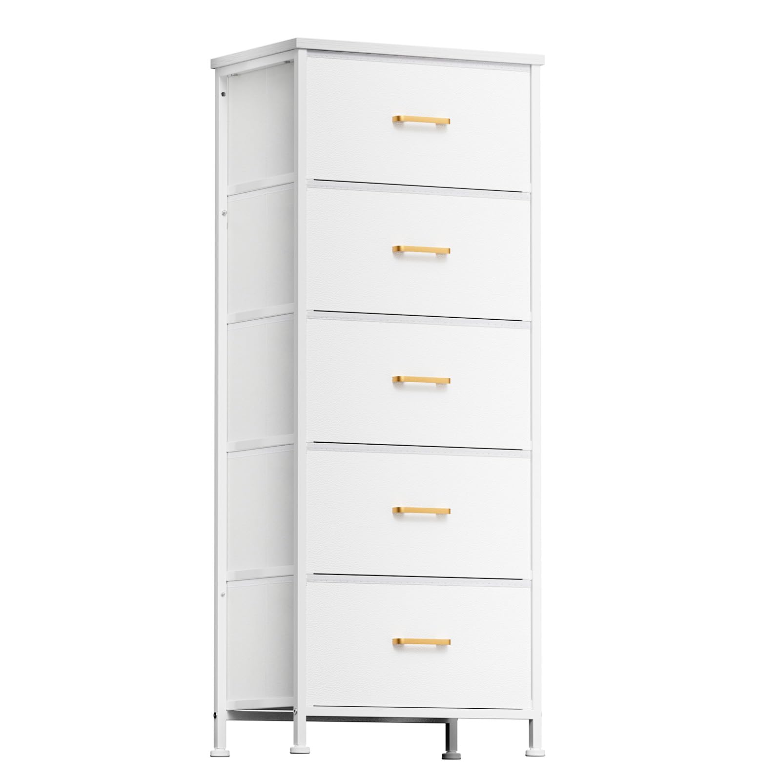 Dresser for Bedroom with 5 Drawers, Tall Storage Tower for Closet, Living Room, Nursery, White Dresser with Sturdy Steel Frame, Fabric Bins, Leather Finish, Wood Top, White