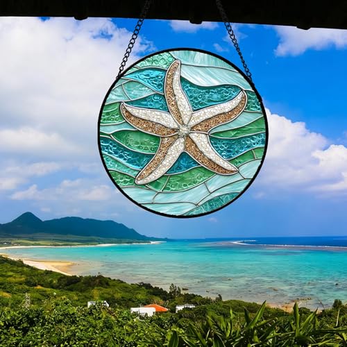 Image of DASTOLL Stained Glass Window Hanging Teal Sea Waves Starfish 6.3 inch - Suncatcher Door Garden Sun Catcher Home Decor Birthday Mother's Day for Mom Men Woman Parents Her Child Nana