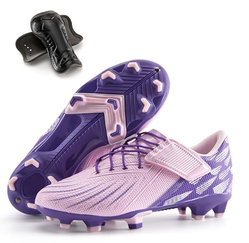 PATPAT Kids Soccer Cleats – Outdoor Firm Ground and Turf Football Training Shoes for Little Big Boys and Girls, Pink/Purple Sizes 2