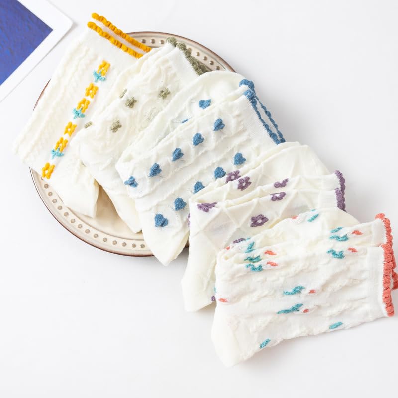 Image of 5 Pairs White Cute Socks, Women's Lace Ruffles Ankle Casual Sock, Cottagecore Breathable Socks, Floral Crew Socks