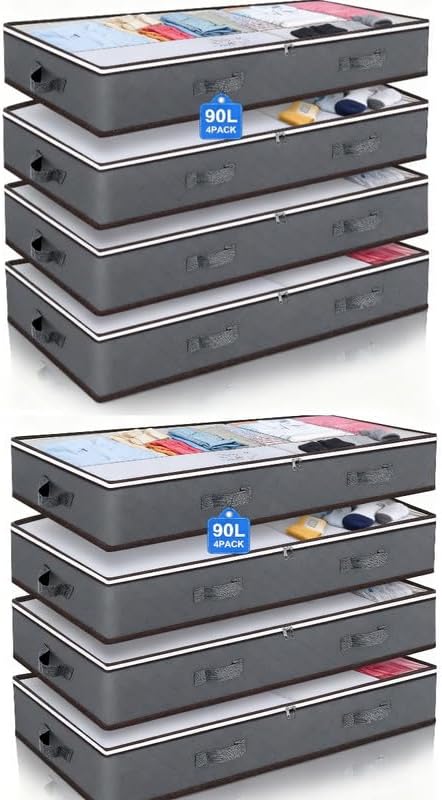 8-Pack Under Bed Storage Bins with Clear Window, Sturdy Handles & Dual Zippers, Large Foldable Organizer for Clothes, Blankets, Comforters, Shoes