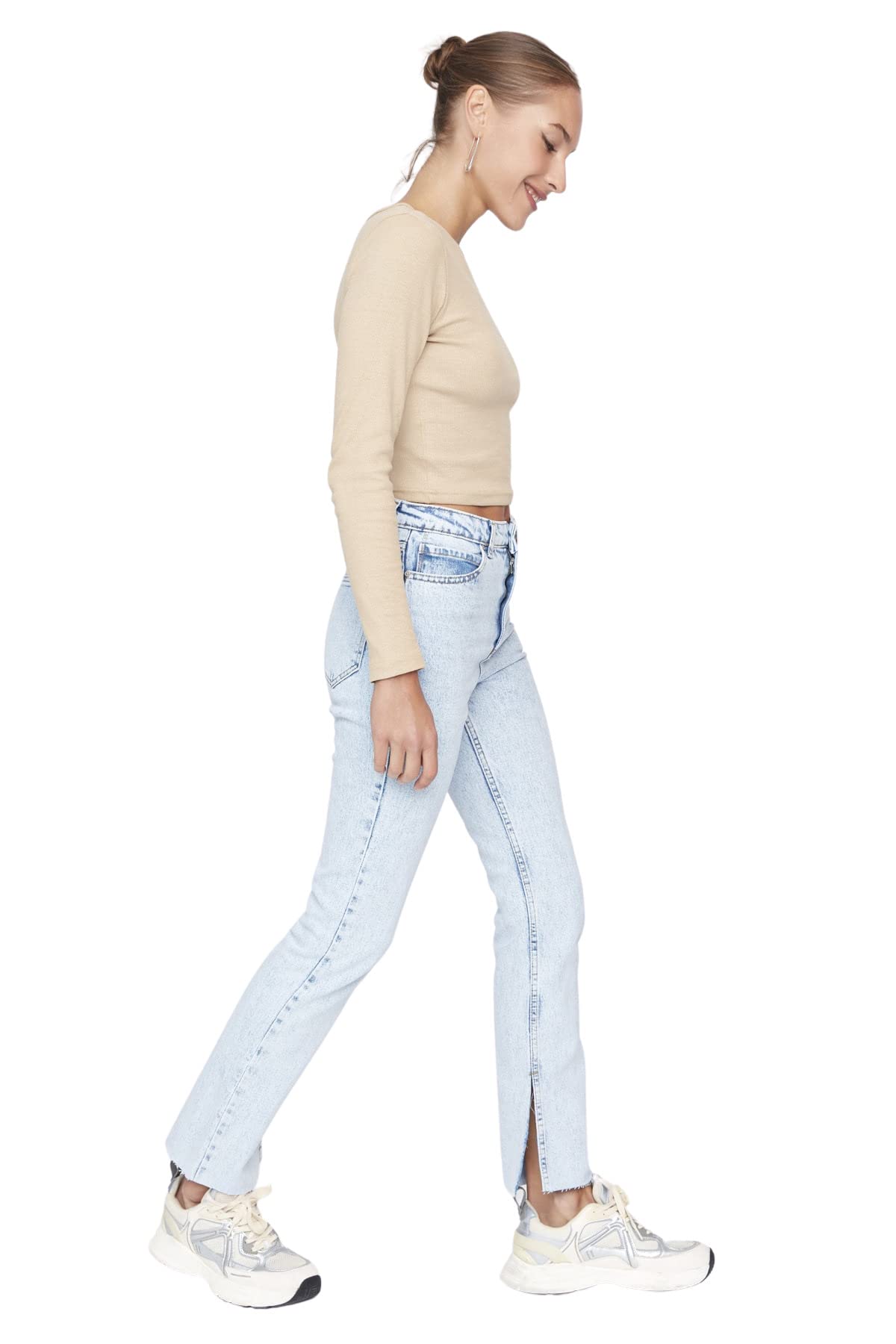 Trendyol Women's Blau Petite High Waist Straight Leg Flare Jeans Size 34