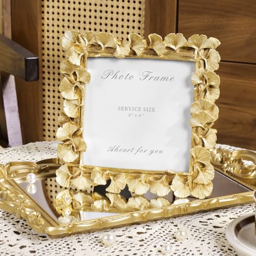 Vintage Picture Frame 6x6 Gold Frames, Gold Ornate Leaf Textured Hand-Crafted Resin with Glass Front Antique Photo Frame for Tabletop Display, Retro Design Home Decor