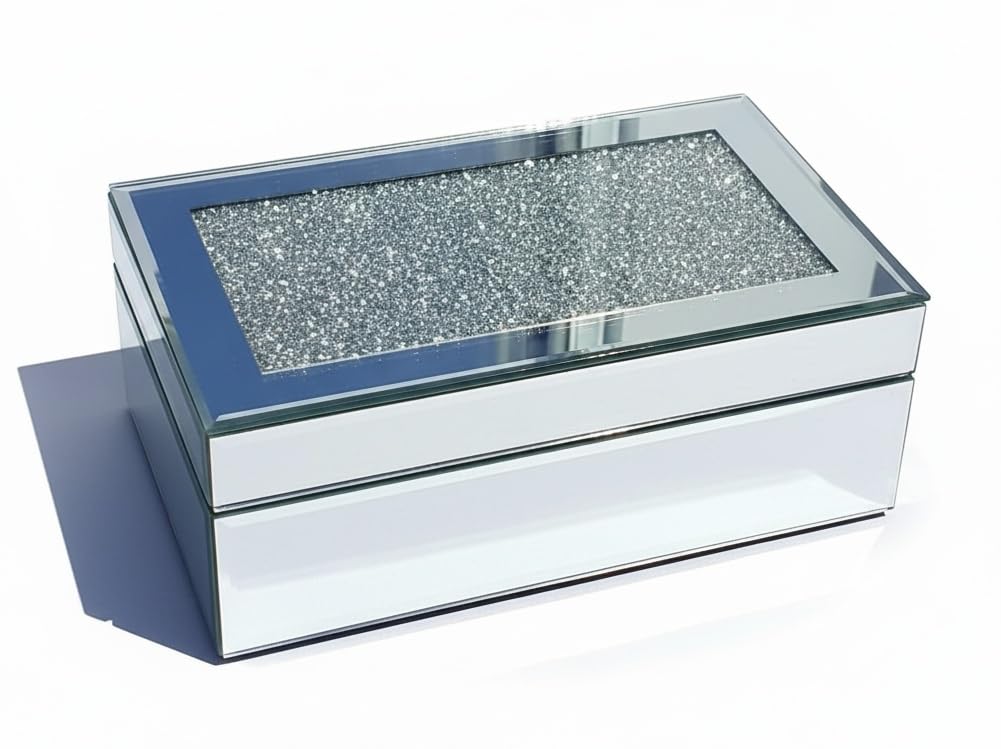 Eaglewiz Silver Multi Crystal Diamante Mirrored Glass Jewels Jewellery box Storage Chest Diamante Box Jewelry Women Trinket Drawer Organiser Boxes Makeup Container Dressing Table