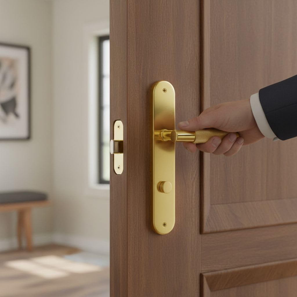 Manilla de Puerta Interior Placa Ovalada MRS-510 PS, Fabricada en Zamak, Acabado Latonado Satinado, Diseño Ergonómico y Moderno para Madera (250x48mm) - Ferretería y Bricolaje.