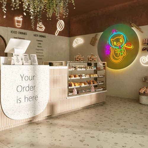 Image of Astronaut Cat Boba Tea Neon Sign LED Neon Light Wall Decor for Kids Room | Cute kitty bubble tea light up sign for bedrooms, boba shops, Cafes & dessert stores, space theme wall decor,USB powered