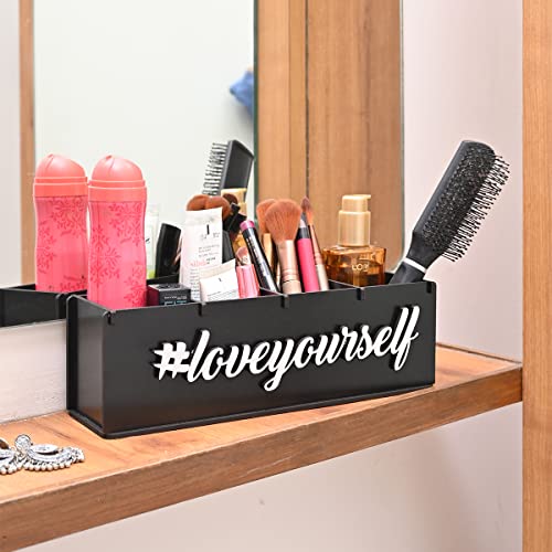 Gift Kya De Makeup Organizer for dressing table organizer with 4 compartments storage boxes for wardrobe perfume lipstick nailpolish, stationary unique gifts for women (black loveyourself, Wood)