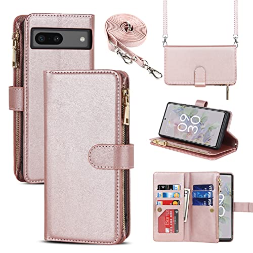 Jaorty Google Pixel 7a - Funda tipo cartera para mujer con cordón cruzado, funda tipo cartera para Google Pixel 7a con soporte para tarjetas, bolsillo con cremallera para Pixel 7a, color oro rosa