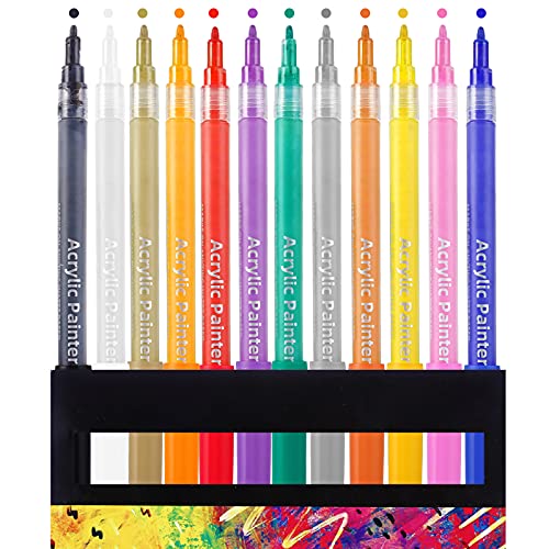 Acrylic Paint Markers for Rock Painting, Set of 12 Colors, Medium Tip, Paint Pens for Art Supplies , Stone, Ceramic, Glass, Wood, Fabric, Photo Album, DIY Craft, School Project