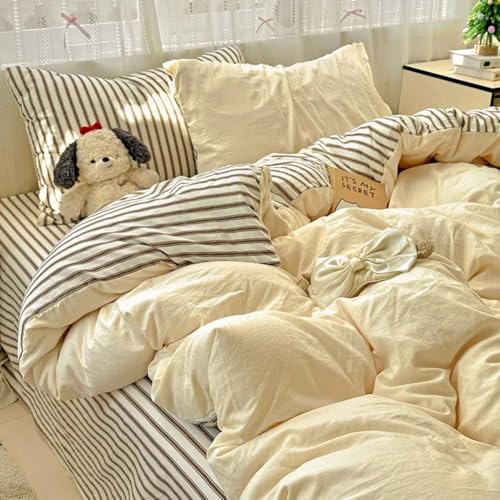 Image of Nayoroom Yellow Duvet Cover Queen Reversible Brown Striped Bedding Set