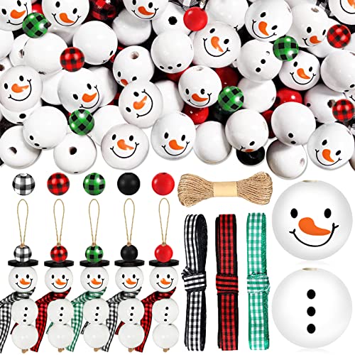 Image of 205 Pieces Christmas Snowman Wooden Beads Craft Project Natural Polished Wood Bead with Twine, Winter Christmas Tree Hanging Ornaments, Rustic DIY Garland Decoration for Home (Snowman)