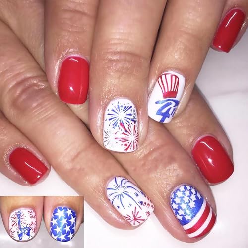 Nzraestrs 24 Pcs Independence Day Press On Nails Short Square American Flag Fake Nails Stick On Nails Reusable 4Th Of July Acrylic Nails With Designs Fireworks The Statue Of Liberty False Nails For Women Girls cover