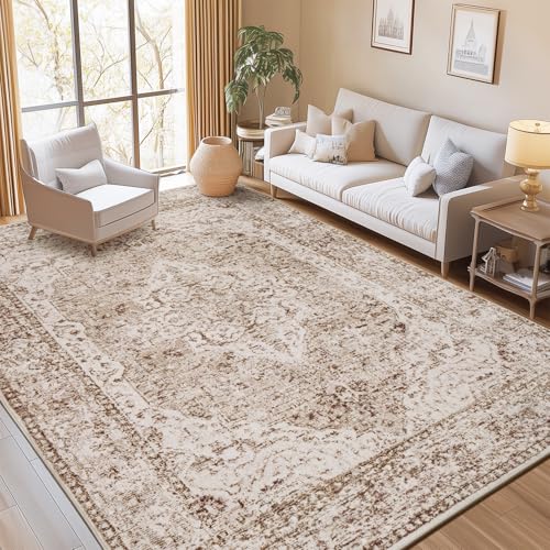 Lofus 8x10 Area Rugs for Living Room, Washable Area Rug, Rugs for Bedroom, Kitchen, Vintage Boho Carpet, Soft Non-Slip, Low Pile Large Area Rug for Office Dining Room, Vintage Beige Brown
